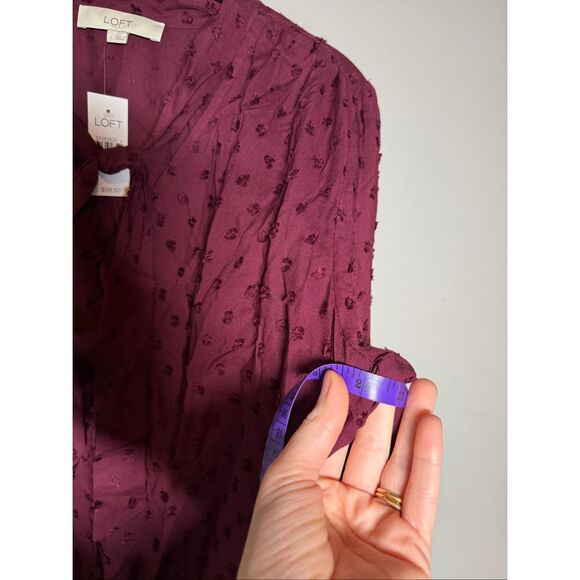 LOFT pusseybow neck line Swiss dot textured bundle of two blouses pink & maroon - Picture 7 of 14
